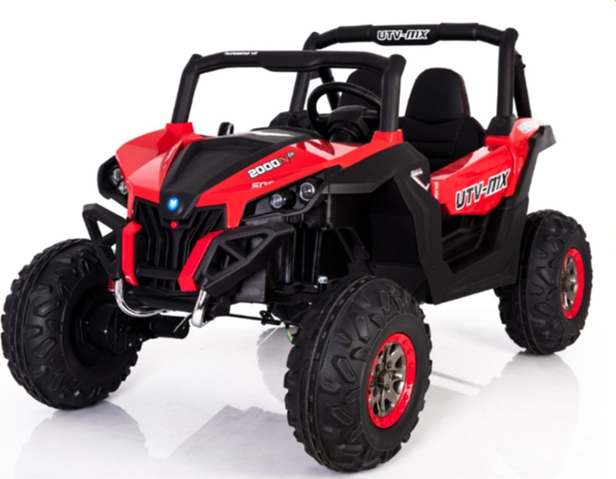 UTV-MX 2-Persoons buggy | Elektrische kinderauto | Accu auto kind 24V 4×4, Rubberen banden, Leren zitjes en Afstandsbediening (Rood)